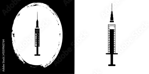 Silhouette pictogram icons set showcasing a syringe design in black and white for healthcare and medical representation