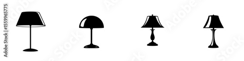 Silhouette pictograms of various lamp designs showcasing different styles and shapes illuminating living spaces