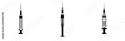 Vector icons of syringe silhouettes displaying different designs and perspectives for medical and health-related applications
