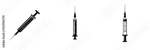 Collection of silhouette pictograms illustrating syringes in various styles isolated on a white background for healthcare design use