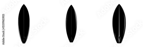 Set of silhouette pictograms representing various surfboard shapes and designs commonly used in water sports activities