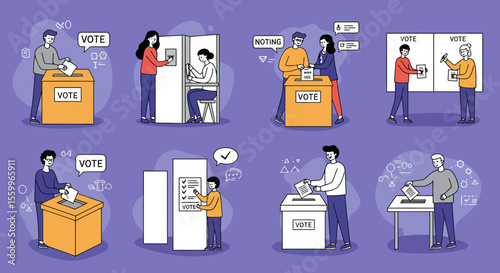 Diverse voters casting ballots in booths and boxes, participating in democratic elections