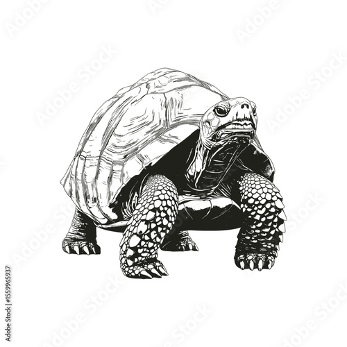Detailed black and white vector illustration of a tortoise, highlighting its textured shell and scaly limbs. This artwork captures the intricate details and natural form of the tortoise.