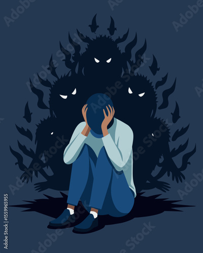 A single figure sits head in hands while a swarm of dark shadows surround them embodying the constant barrage of insulting and demeaning words they face.. Vector illustration