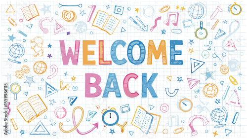 Welcome back message surrounded by school supplies and geometric shapes on a graph paper background