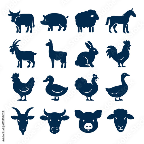 Farm Animals Silhouette Collection: Cow, Pig, Sheep, Horse, Goat, Llama, Rabbit, Rooster, Chicken, Duck, Turkey, Goose