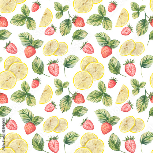 Watercolor seamless pattern with strawberries, lemons and leaves. Hand drawn