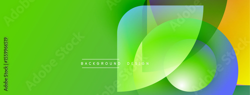 Bright abstract background. Overlapping translucent shapes create dynamic visual effect. Green dominates, with orange, blue accents. Modern design.