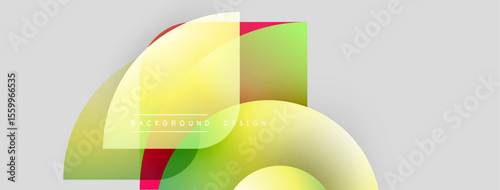 Abstract shapes overlap, creating vibrant gradients. Yellow, green, red hues blend smoothly on light gray backdrop. Modern design element.