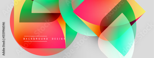 Abstract shapes overlap, creating vibrant color gradients. Modern design elements suggest fluidity, energy, innovation. Background features text background design.