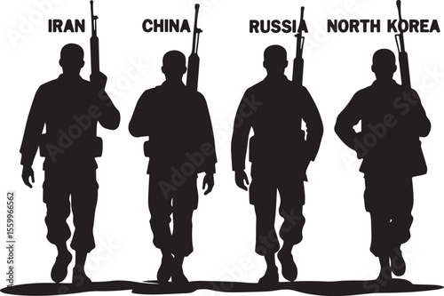 Rising Powers: Silhouettes of Soldiers from Iran, China, Russia, Korea