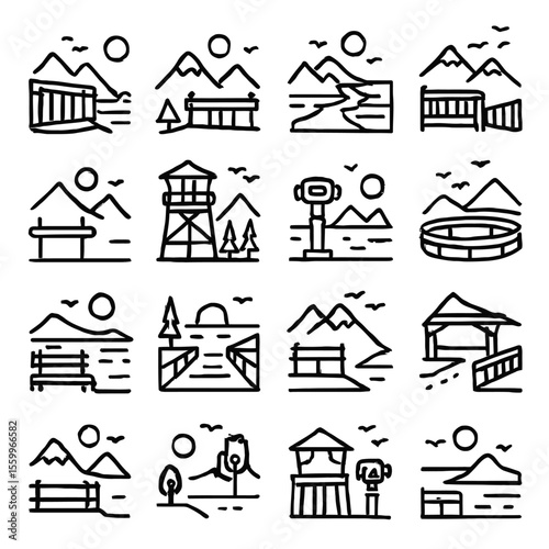 Hand Drawn Mountain Landscape Icons: Park Structures and Scenery