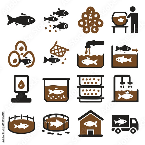 Illustrated Icons Depicting Fish Farming, Aquaculture, and Fish Processing Stages.