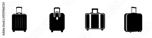 Silhouette pictogram icons of various suitcase designs for travel and luggage representation