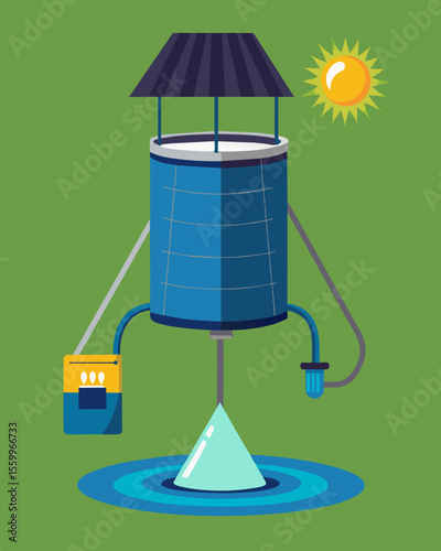 A solarpowered gravity filtration bag which can purify large quantities of water without electricity.. Vector illustration