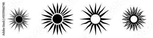 Silhouette pictograms of sun icons representing various styles and designs for creative projects and graphic media