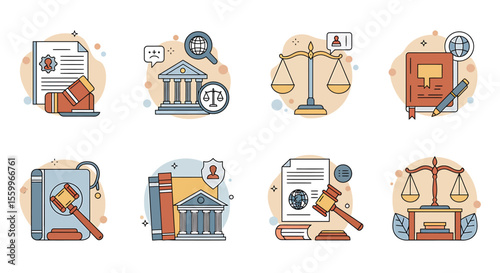 Illustrated Legal Concepts Depicting Justice, Law, and Court Systems.