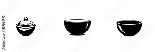 Silhouette pictograms of bowls and containers illustrating various shapes and designs suitable for food presentation