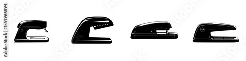Silhouette pictogram set illustrating various staplers displayed in a row for graphic design and icon representation