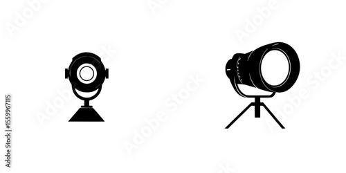 Silhouette pictogram icons representing a lighthouse and a spotlight on a white background create a visually striking design