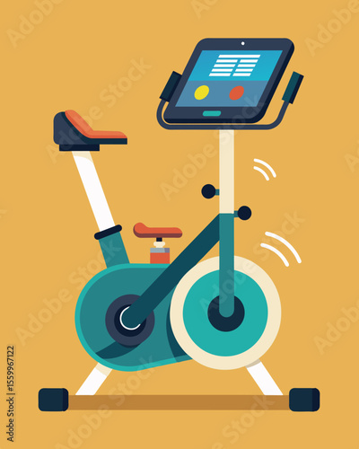 A solarpowered exercise bike with a builtin tablet allowing users to track their progress and listen to music while getting a fullbody workout.. Vector illustration