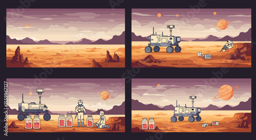 Martian Exploration: Rover and Astronauts Collecting Samples