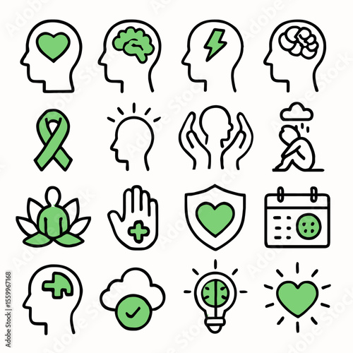 Mental Health Awareness Icon Set: Green and Black Line Art Illustrations