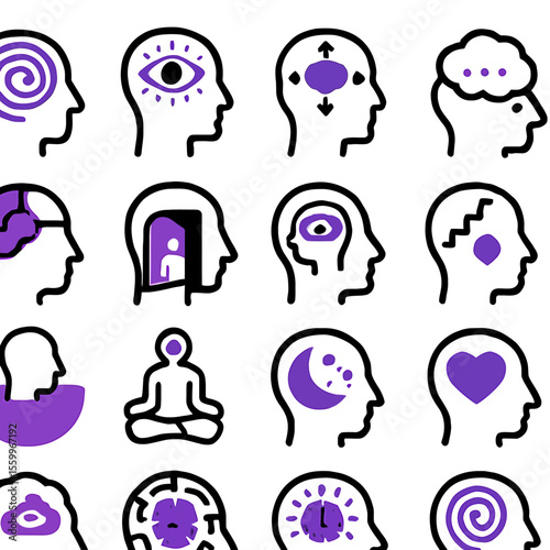 Mental Health Icons: Diverse Head Profiles with Symbolic Representations in Purple
