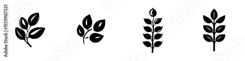 Silhouette pictograms representing various leaf designs in a minimalistic style suitable for nature-themed projects and illustrations