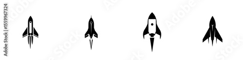 Silhouettes of various rocket designs in black against a white background showcasing futuristic spacecraft concepts