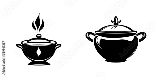 Set of silhouette pictograms representing cooking pots in a simple, minimalist style