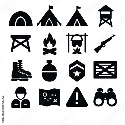 Military Camping Equipment and Supplies Icons Set