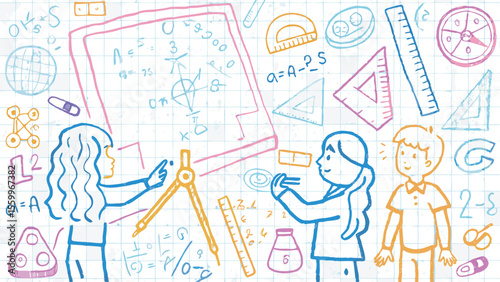Illustration showing students learning math with equations and geometric shapes on a grid background