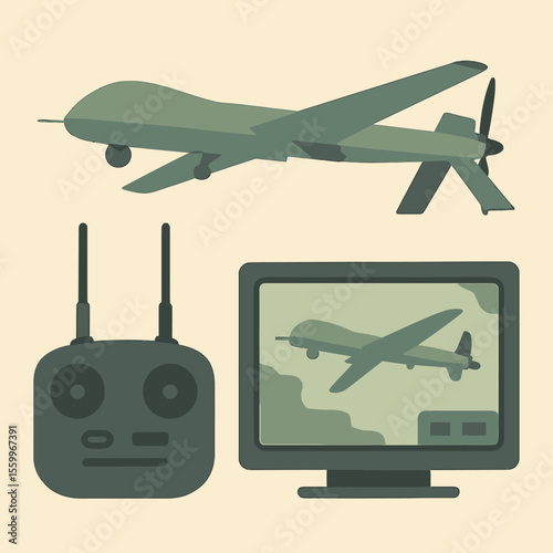 Military Drone, Remote Control, and Monitor Displaying Drone Footage