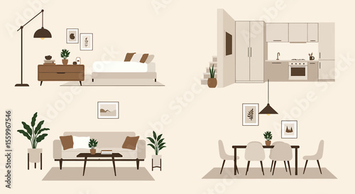 Minimalist Interior Design Illustration Featuring Bedroom, Kitchen, Living Room, Dining Area.