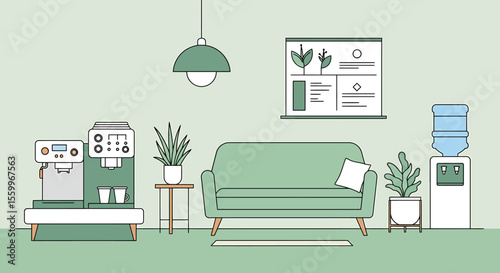 Minimalist Office Interior with Coffee Machine, Sofa, and Plants.