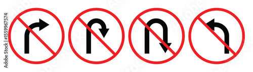 Comprehensive Vector Set of No Turn Traffic Signs | Road Safety & Navigation Icons | No Right, Left, U-Turn Symbols in Red Circle.
