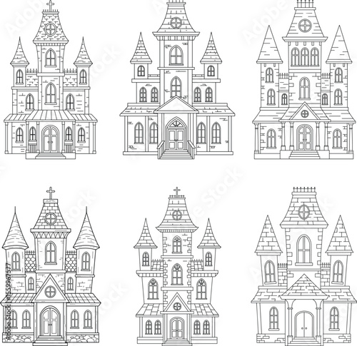 Haunted House Collection – Spooky Castle Line Art Vector Set for Halloween Designs