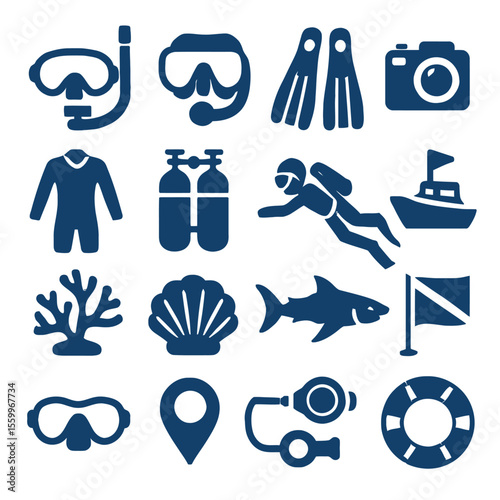 Navy Diving Icons: Gear, Marine Life, and Underwater Exploration Symbols