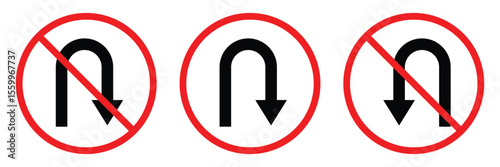 Comprehensive Vector Set of No Turn Traffic Signs | Road Safety & Navigation Icons | No Right, Left, U-Turn Symbols in Red Circle.