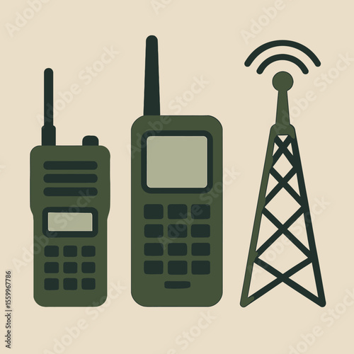 Olive Drab Radios and Communication Tower Illustration with Antenna Waves