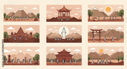 Pilgrimage Scenes: Diverse Temples, Mountains, and Walking Figures in Sepia Tones