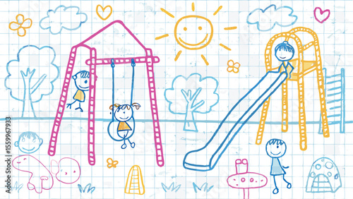 A whimsical playground sketch featuring children playing on swings and a slide under a smiling sun