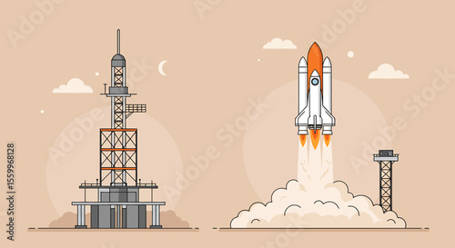 Rocket Launch from Spaceport with Towering Support Structure