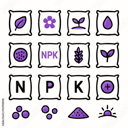 Purple Fertilizer Icons: NPK Nutrients, Growth Stages, and Plant Symbols