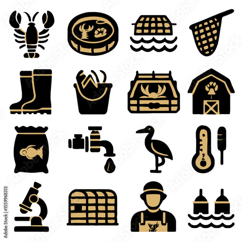 Seafood Farming Icon Set: Lobster, Crab, Fish, and Aquaculture Equipment