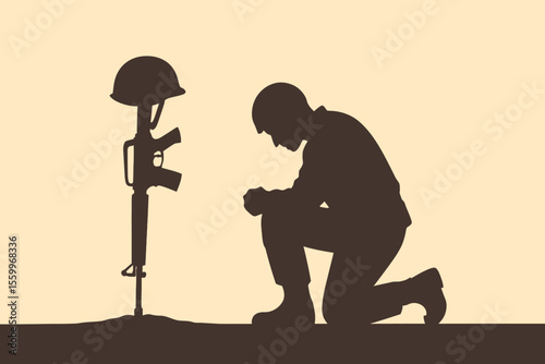 Silhouette of kneeling soldier with memorial rifle and helmet, somber tribute