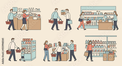 Shoppers in a Grocery Store: A Cartoon Illustration of Retail Activity