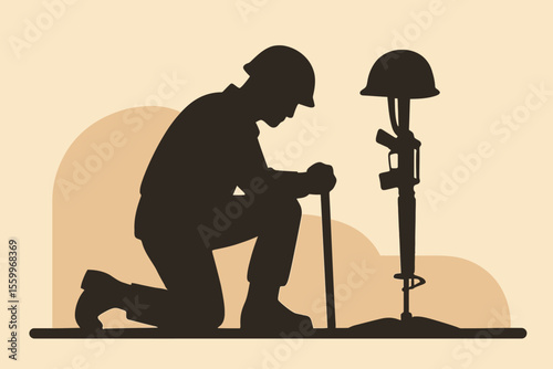 Silhouette of kneeling soldier with rifle and helmet memorial, somber tribute
