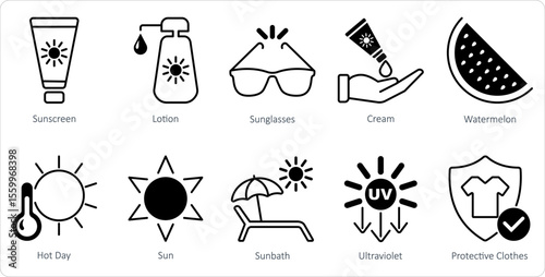  Sun protection icons as sunscreen, lotion, sunglasses
